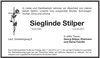 Traueranzeige von Sieglinde Stilper von Pegnitz-Zeitung